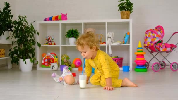 Child Drinks Milk Room Selective Focus Kid — Stockvideo