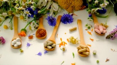 Homeopati ve diyet takviyeleri ile şifalı bitkiler. Seçici odaklanma. Doğa.