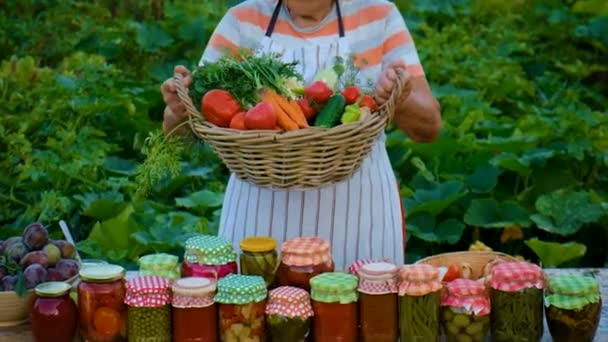 Старшая Женщина Занимается Сохранением Овощей Выборочный Фокус Люди — стоковое видео