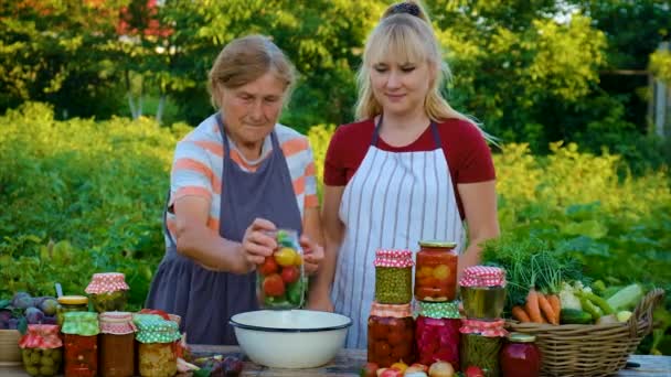 Women Jar Preserved Vegetables Winter Mother Daughter Food — Stock Video