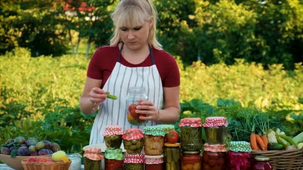 Woman Preserving Vegetables Selective Focus People — Video Stock