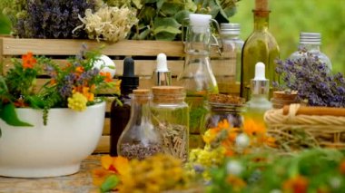 Medicinal herbs and tinctures on the table. Selective focus. Nature.