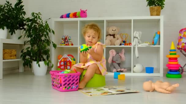 Child Sits Potty Selective Focus Kid — Wideo stockowe