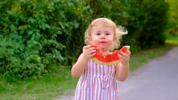 Child Eats Watermelon Summer Selective Focus Kid — Stockvideo