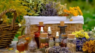 Medicinal herbs and tinctures on the table. Selective focus. Nature.