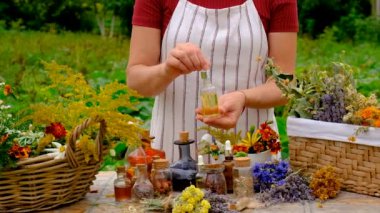 Woman makes tincture with medicinal herbs. Selective focus. Nature.