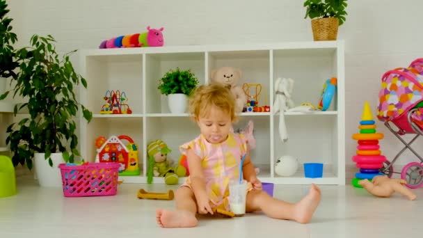 Child Drinks Milk Room Selective Focus Kid — Stok video