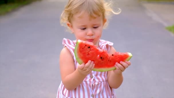 Child Eats Watermelon Summer Selective Focus Kid — 图库视频影像