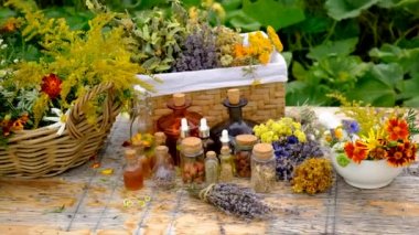 Medicinal herbs and tinctures on the table. Selective focus. Nature.
