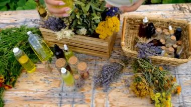 Woman makes tincture with medicinal herbs. Selective focus. Nature.