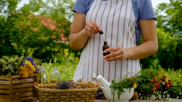 Woman Makes Tincture Medicinal Herbs Selective Focus Nature — Video