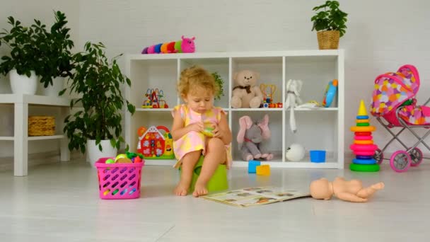 Child Sits Potty Selective Focus Kid — Stockvideo