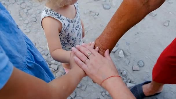 Grandmother Grandchildren Friends Hands Together Selective Focus People — Stock Video