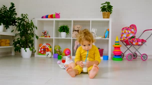 Child Drinks Milk Room Selective Focus Kid — Αρχείο Βίντεο