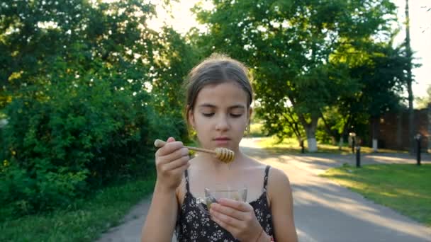 Παιδί Τρώει Μέλι Στον Κήπο Επιλεκτική Εστίαση Παιδί — Αρχείο Βίντεο
