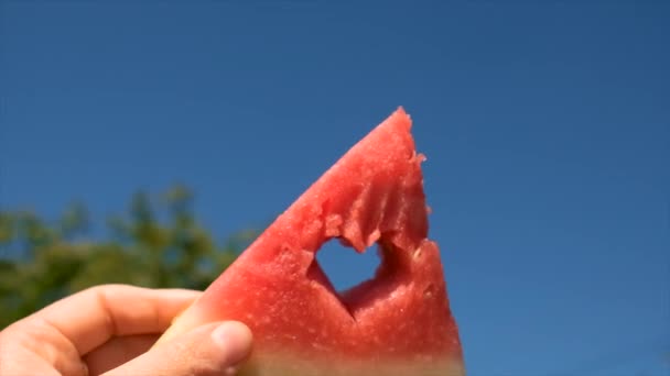 Wassermelone Der Hand Gegen Den Himmel Selektiver Fokus Kind — Stockvideo