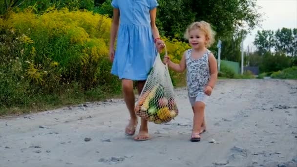 Children Carry Vegetables Bag Selective Focus Food — Wideo stockowe