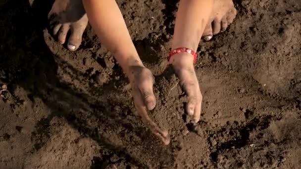 子供はその土を手に持っている 選択的フォーカス キッド — ストック動画
