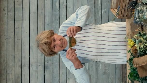 Grandmother Makes Tea Medicinal Herbs Selective Focus People — Stock Video