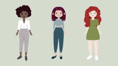 Üç kadın seti: Afro-Amerikan, Asyalı ve Avrupalı vektör illüstrasyonu