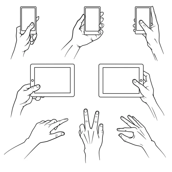 Conjunto de mãos usando dispositivos móveis — Vetor de Stock