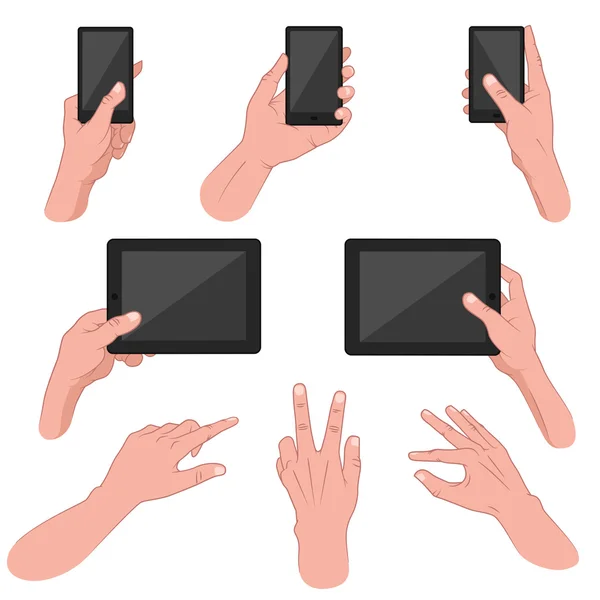 Set di mani utilizzando dispositivi mobili — Vettoriale Stock