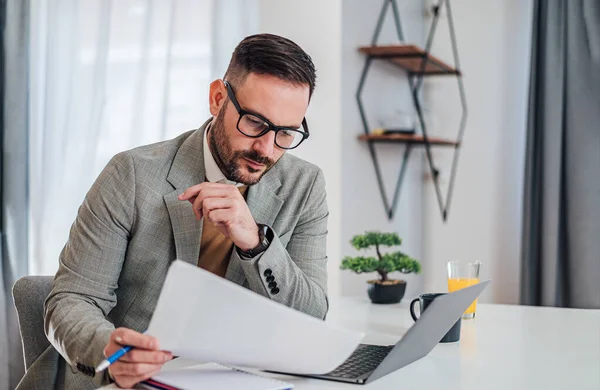 Serious Pensive Thoughtful Focused Young Adult Casual Businessman Office Working — стоковое фото