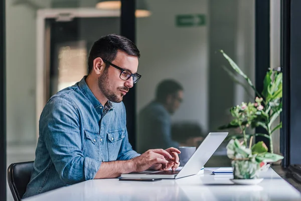 Bearded adult man, making sure there are no mistakes in the code he is writing.