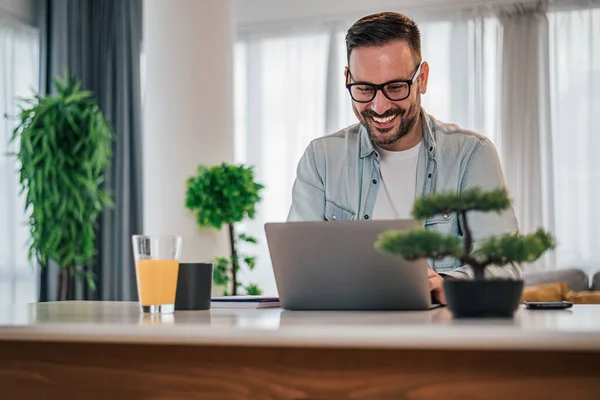 Smiling Male Business Professional Using Laptop Confident Entrepreneur Sitting Desk — стоковое фото