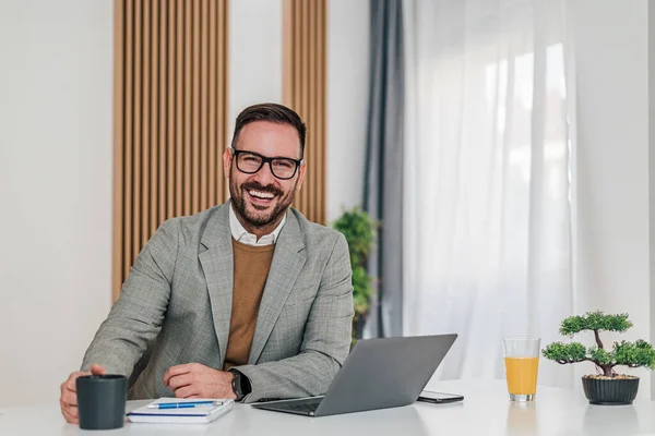 Portrait Cheerful Businessman Having Coffee Male Professional Working Laptop Desk — Stock fotografie