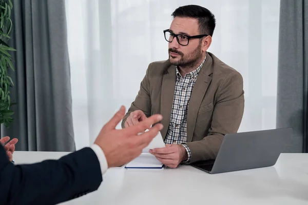 Confident Young Manager Having Meeting Business Partner Male Professionals Planning — Fotografia de Stock