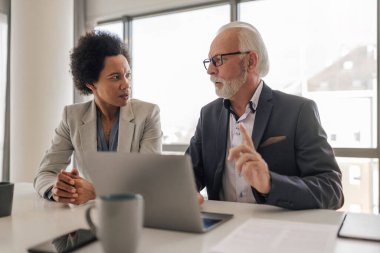 Serious male and female professionals discussing business strategy on laptop. Partners planning strategy during meeting at desk. They are working together in corporate workplace.