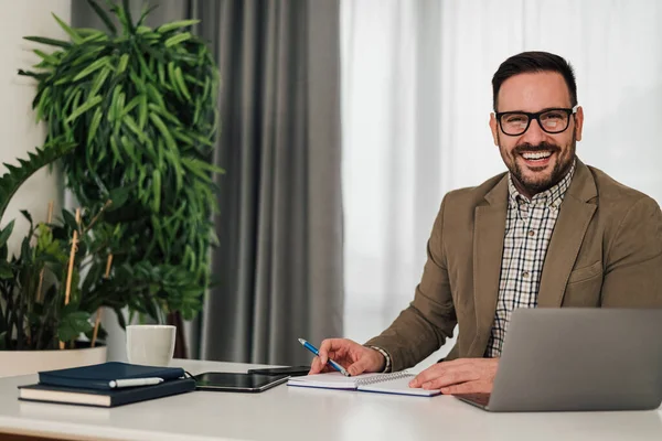 Portrait Smiling Businessman Laptop Diary Confident Young Entrepreneur Wearing Formals — Φωτογραφία Αρχείου