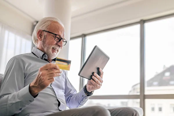 Smiling Senior Manager Analyzing Digital Tablet Elderly Businessman Making Online — Stockfoto