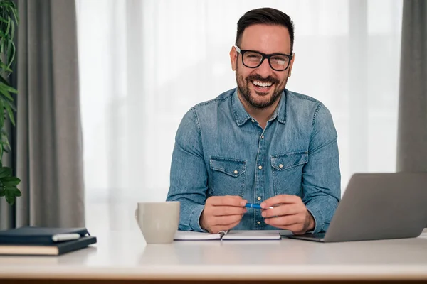 Portrait Smiling Successful Businessman Laptop Diary Happy Young Professional Wearing — Φωτογραφία Αρχείου