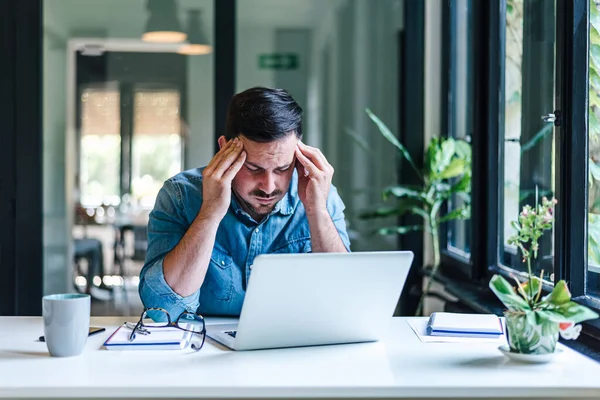 Stressed Entrepreneur Working Laptop Young Business Professional Sitting Head Hands — Foto de Stock