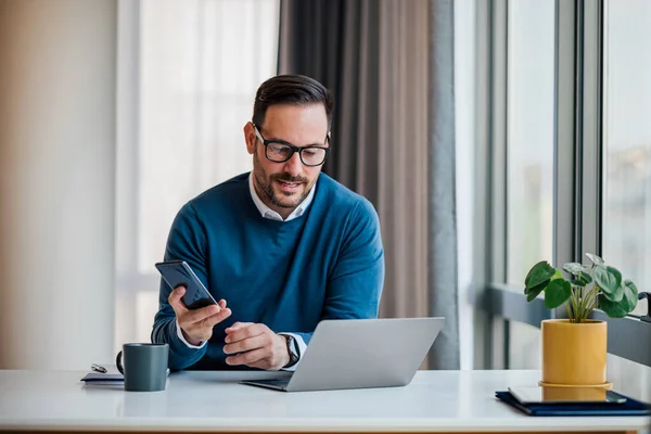 Smiling Male Professional Using Smart Phone Young Businessman Socializing Online — Foto Stock