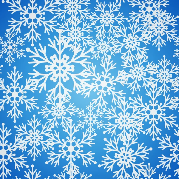 Jul sömlös blå bakgrund med ljusa snöflingor och stjärnor. — Stock vektor