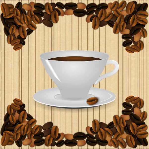 Een kopje koffie op een beige achtergrond vintage gestreept met realistische koffiebonen. — Stockvector