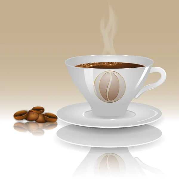 Una taza de café caliente sobre un fondo beige con granos de café realistas . — Vector de stock