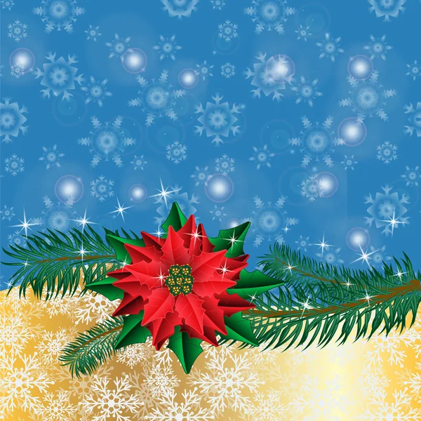 Fondo dorado navideño con flores de poinsettia y ramas de abeto — Vector de stock