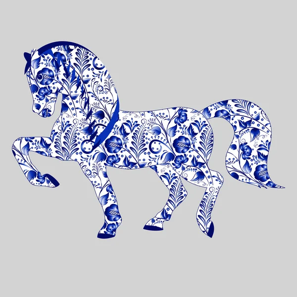 Cheval bleu dans le style floral Gzhel — Image vectorielle