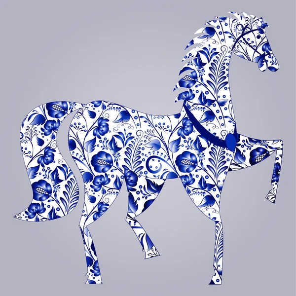 Cheval stylisé bleu Gzhel — Image vectorielle