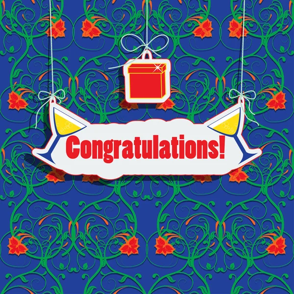 Carte de voeux avec un panneau "Félicitations" et un cadeau . — Image vectorielle