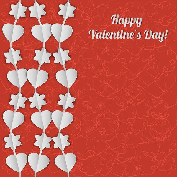Aftelkalender voor Valentijnsdag kaart met witte slingers van hartjes en bloemen. — Stockvector