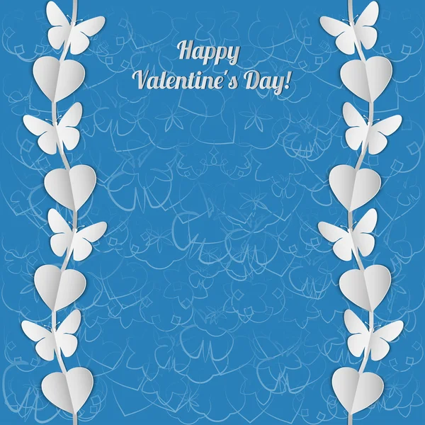 Valentine's Day card with white garlands of hearts and butterflies. — Stock Vector