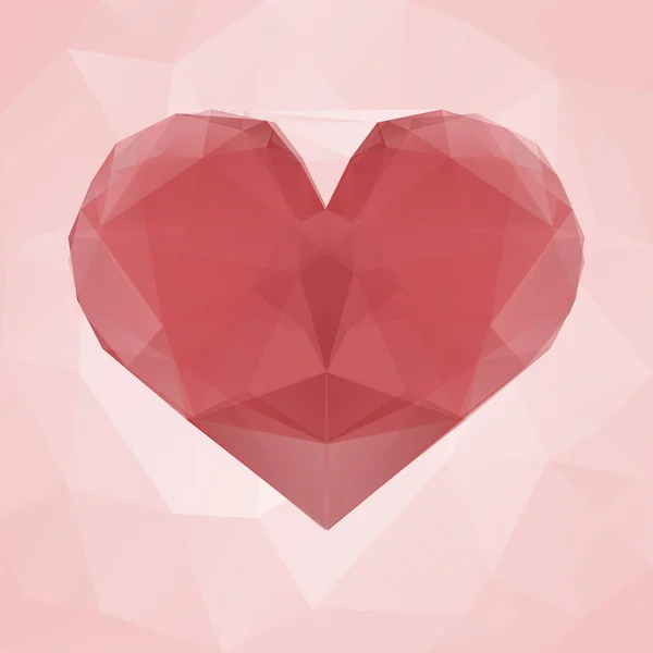 Corazón rojo hecho de triángulos transparentes sobre un fondo geométrico abstracto rosa . — Vector de stock