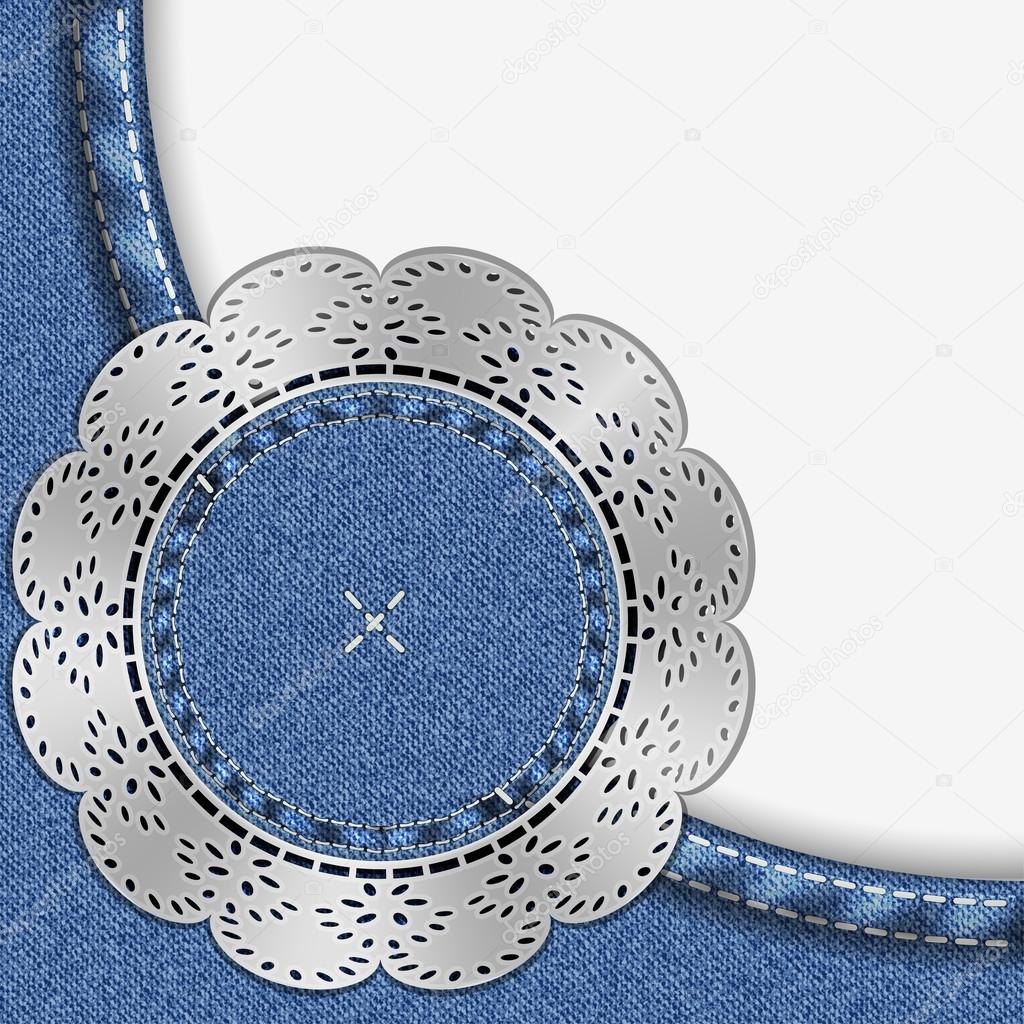Jeans blue background with empty space. Circle with lace.