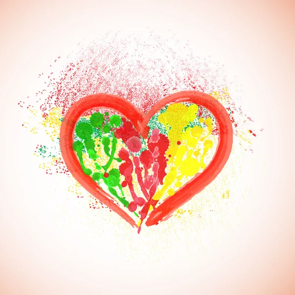 Aquarell-Herz auf mit Farbe bespritztem Hintergrund. Valentin-Hintergrund. — Stockvektor