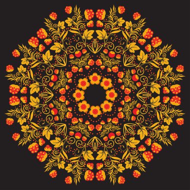 Rus geleneksel dairesel desen mandala. kırmızı siyah bir zemin üzerine altın çilek ile